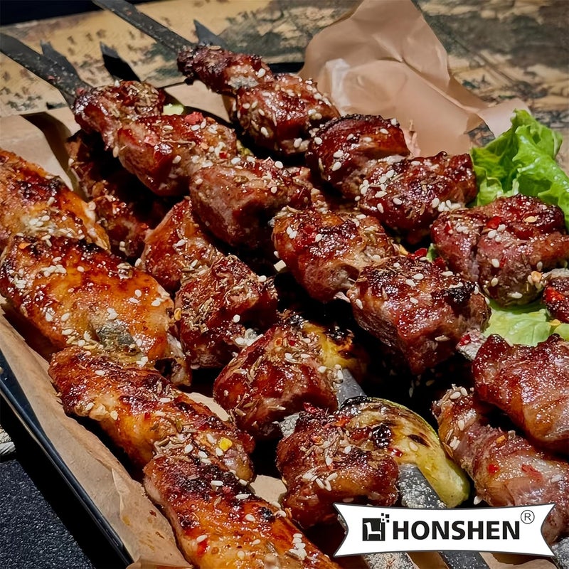 HONSHEN سيخ باربكيو مسطح بطول 22 بوصة، 3/8 بوصة من الفولاذ المقاوم للصدأ الثقيل مع مقبض خشبي، مجموعة من 12 سيخ للشواء اللحم والدجاج واللحم البقري (12 سيخ باربكيو مسطح بطول 22 بوصة) - Image 2